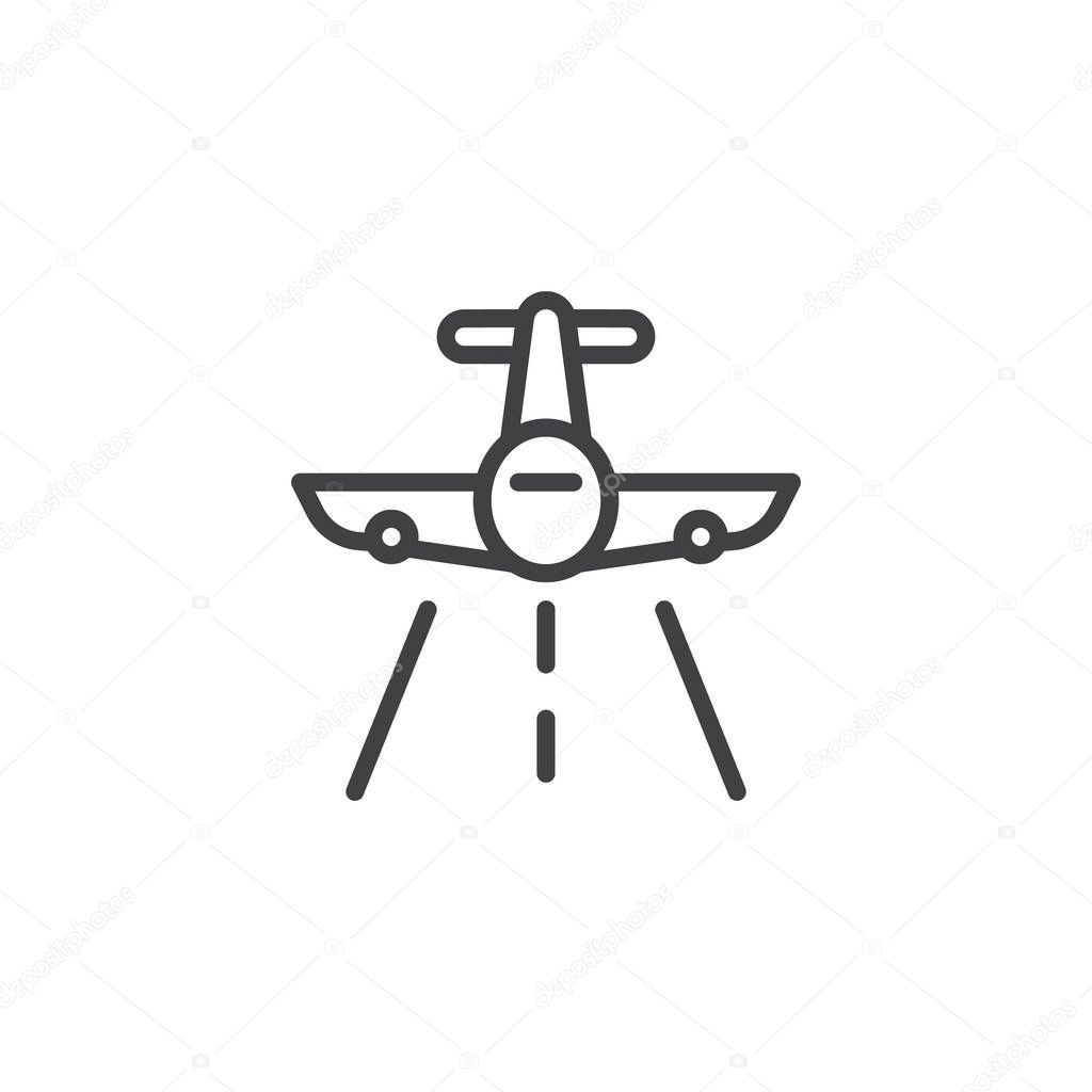 Flying plane outline icon. linear style sign for mobile concept and web design. Aircraft and landing strip line vector icon. Plane landing symbol, logo illustration. Pixel perfect vector graphics