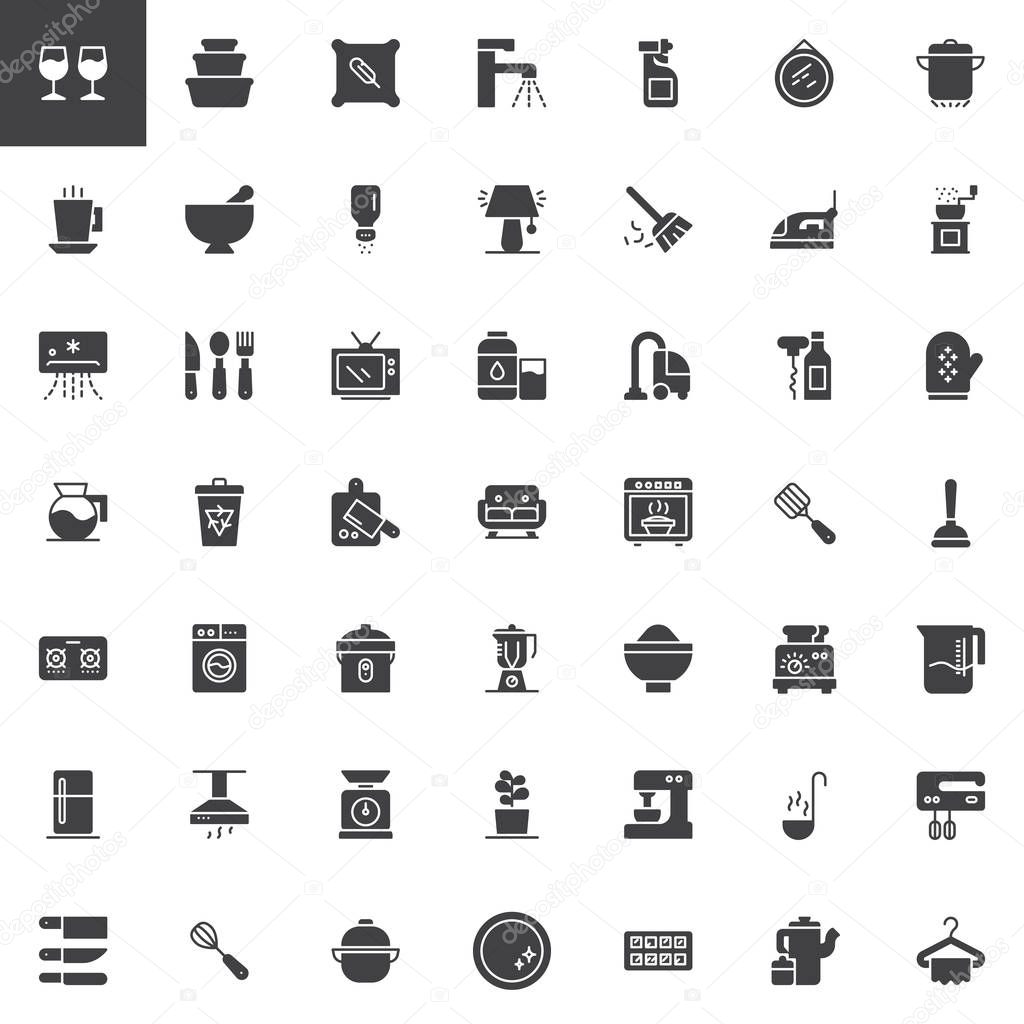 Homeware vector icons set, modern solid symbol collection, filled style pictogram pack. Signs, logo illustration. Set includes icons as wine glass, container, pillow, tap, sprayer, air conditioner