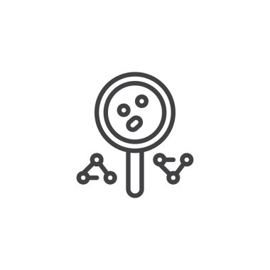 Büyüteç ve molekül anahat simgesi. Mobil kavramı ve web tasarım için doğrusal stili işaret. Büyüteç'i, molekül basit çizgi vektör simgesi. Sembol, logo illüstrasyon.