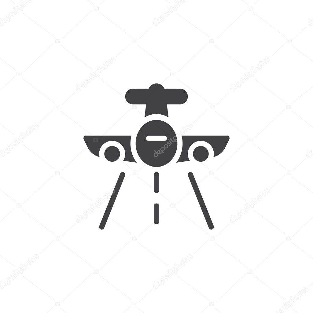 Flying plane vector icon. filled flat sign for mobile concept and web design. Aircraft and landing strip solid icon. Plane landing symbol, logo illustration. Pixel perfect vector graphics