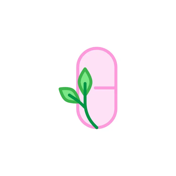 Píldoras médicas naturales con hojas icono plano — Vector de stock