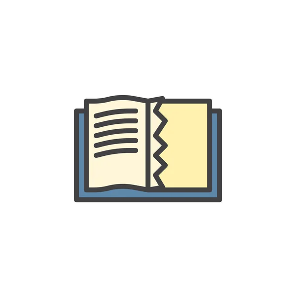 Abrir libro con un icono de contorno lleno de página desgarrada — Vector de stock