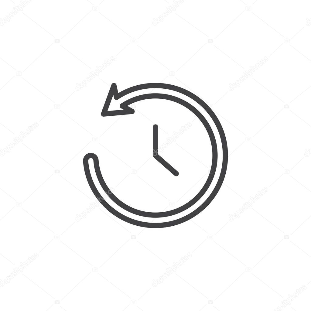 Time back outline icon. linear style sign for mobile concept and web design. Clock with undo arrow simple line vector icon. History symbol, logo illustration. Vector graphics