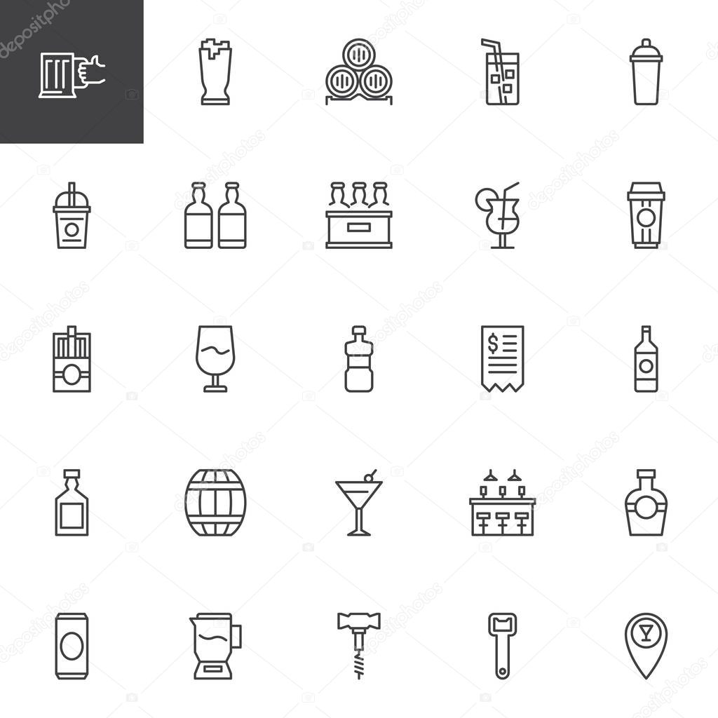 Bar beverages outline icons set. linear style symbols collection, line signs pack. vector graphics. Set includes icons as Beer bottle, Wine barrel, Juice glass, Shaker, Ice coffee, Cocktail drink