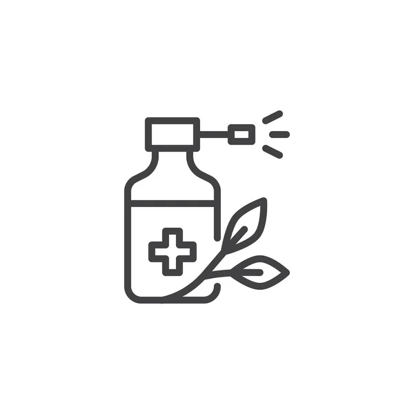 Medicina spray botella y hoja esquema icono — Vector de stock