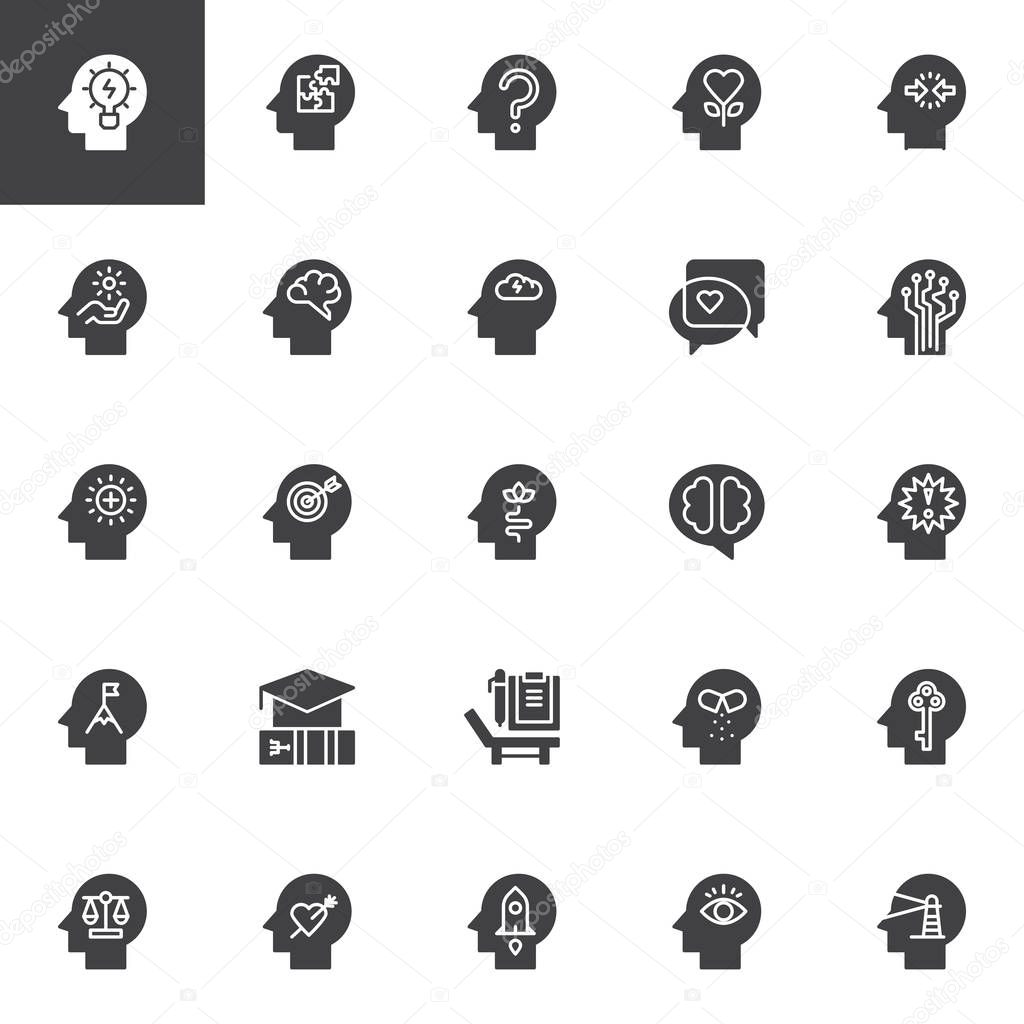 Psychology vector icons set, modern solid symbol collection, filled style pictogram pack. Signs, logo illustration. Set includes icons as Creativity, Solution, Confusion, Human Head, Mind, Brain