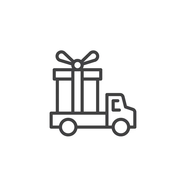 Delivery truck with gift box outline icon — Stock Vector