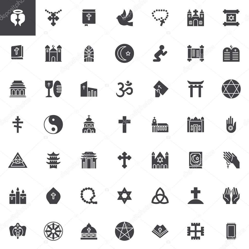 Religion elements vector icons set, Symbol collection, filled style pictogram pack. Signs, logo illustration. Set includes icons as Angel, Cross, Holy Bible Book, Rosary beads, Mosque, Church