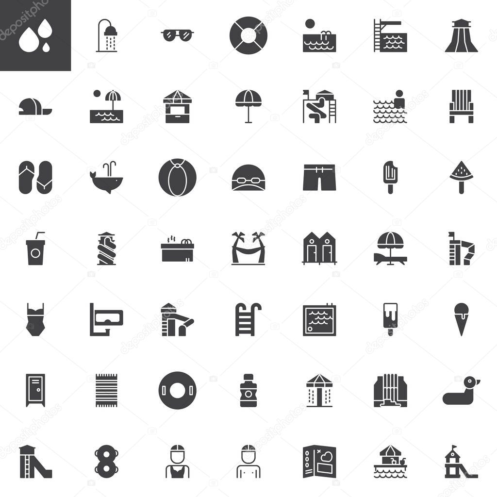 Water park vector icons set, modern solid symbol collection, filled style pictogram pack. Signs, logo illustration. Set includes icons as Aqua park, Shower, Sunglass, Pipe slides attraction, Swimming