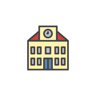 Okul binası ile saat anahat simgesini dolu