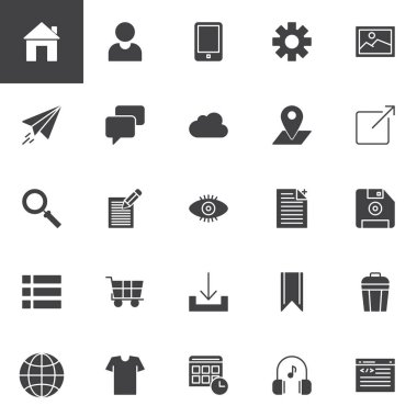 Web geliştirme vektör simgeler kümesi, modern katı simgesi toplama, dolgulu tarz piktogram paketi. İşaretler logo illüstrasyon. Giriş sayfası, kullanıcı profili, Smartphone, ayarları, görüntü, sohbet gibi simgeler kümesi içerir