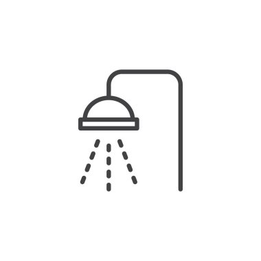 Duş anahat simgesi. Mobil kavramı ve web tasarım için doğrusal stili işaret. Pislik su ile basit bir çizgi vektör simge bırakır. Banyo sembolü, logo illüstrasyon. Piksel mükemmel vektör grafikleri