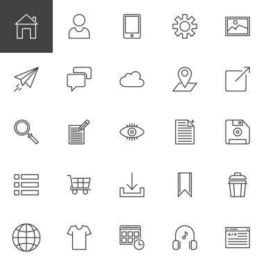 Web geliştirme anahat simgeleri ayarlayın. Doğrusal stil semboller koleksiyonu, hat paketi imzalar. vektör grafikleri. Giriş sayfası, kullanıcı profili, Smartphone, ayarları, görüntü, Kağıt Uçak, sohbet gibi simgeler kümesi içerir
