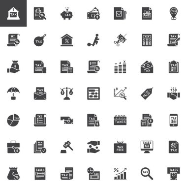 Vergi simgeler kümesi modern katı simgesi toplama, dolu tarz piktogram paketi vektör. İşaretler logo illüstrasyon. Banka vergi formu olarak, para, dosya, yüzde, sigorta, fatura, Analytics simgeler içerir