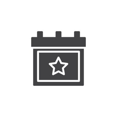 Vektör yıldız simgesi ile takvim. Mobil kavramı ve web tasarım için düz işareti dolu. Favoriler gün basit katı simgesi. Sembol, logo illüstrasyon. Piksel mükemmel vektör grafikleri