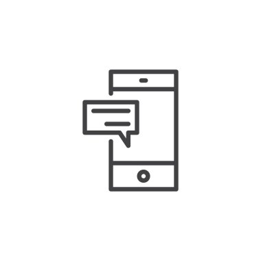 Mobil sohbet anahat simgesi. Mobil kavramı ve web tasarım için doğrusal stili işaret. Smartphone ile konuşma balonu ileti basit çizgi vektör simgesi. Sembol, logo illüstrasyon. Piksel mükemmel vektör grafikleri