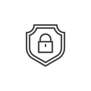 Kilit anahat simgesi ile güvenlik kalkanı. Mobil kavramı ve web tasarım için doğrusal stili işaret. Kalkan asma kilit basit çizgi vektör simgesi. Sembol, logo illüstrasyon. Piksel mükemmel vektör grafikleri