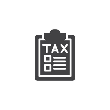 Vergi formu vektör simgesi. Mobil kavramı ve web tasarım için düz işareti dolu. vergi onay listesi basit katı kutsal kişilerin resmi. Sembol, logo illüstrasyon. Piksel mükemmel vektör grafikleri