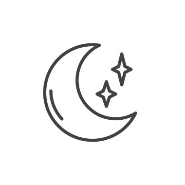Ay ve yıldız anahat simgesini tıklatın. Mobil kavramı ve web tasarım için doğrusal stili işaret. Hilal ve yıldız basit çizgi vektör simgesi. Gece sembolü, logo illüstrasyon. Piksel mükemmel vektör grafikleri
