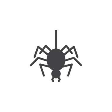 Örümcek vektör simgesi. Mobil kavramı ve web tasarım için düz işareti dolu. İş parçacığı sağlam kutsal kişilerin resmi üstünde asılı örümcek. Sembol, logo illüstrasyon. Piksel mükemmel vektör grafikleri