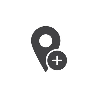 Harita vektör simge artı iğnesi ekleyin. Mobil kavramı ve web tasarım için düz işareti dolu. Konumu PIN basit katı simgesini ekleyin. Sembol, logo illüstrasyon. Piksel mükemmel vektör grafikleri