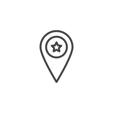 Harita göstergesi ile yıldız anahat simgesi. Mobil kavramı ve web tasarım için doğrusal stili işaret. Yıldız favori PIN harita basit çizgi vektör simgesi. Sembol, logo illüstrasyon. Piksel mükemmel vektör grafikleri