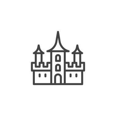 Drakula Şatosu anahat simgesi. Mobil kavramı ve web tasarım için doğrusal stili işaret. Cadılar Bayramı Castle basit çizgi vektör simgesi. Sembol, logo illüstrasyon. Piksel mükemmel vektör grafikleri