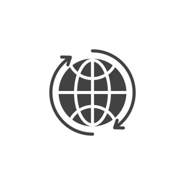 Küre ve okları simge vektör. Mobil kavramı ve web tasarım için düz işareti dolu. Dünya çapında basit katı simgesi. Küresel sembol, logo illüstrasyon. Piksel mükemmel vektör grafikleri