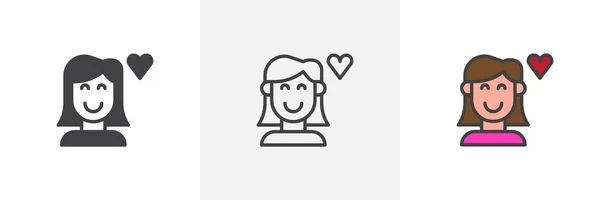 Mujer Enamorada Icono Del Corazón Línea Contorno Sólido Llenado Versión — Vector de stock