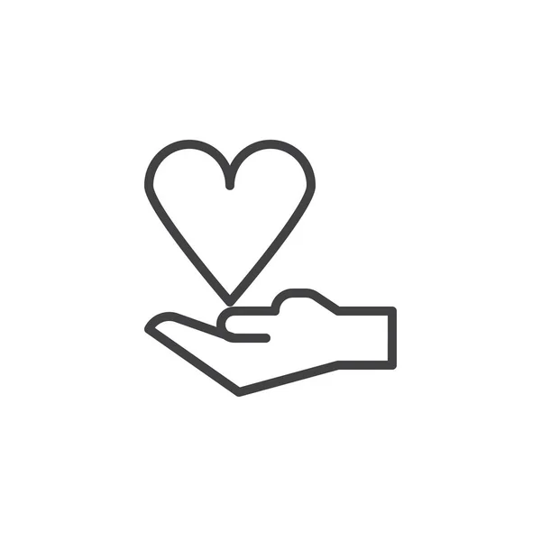 Mano de donación con icono de contorno de corazón — Vector de stock