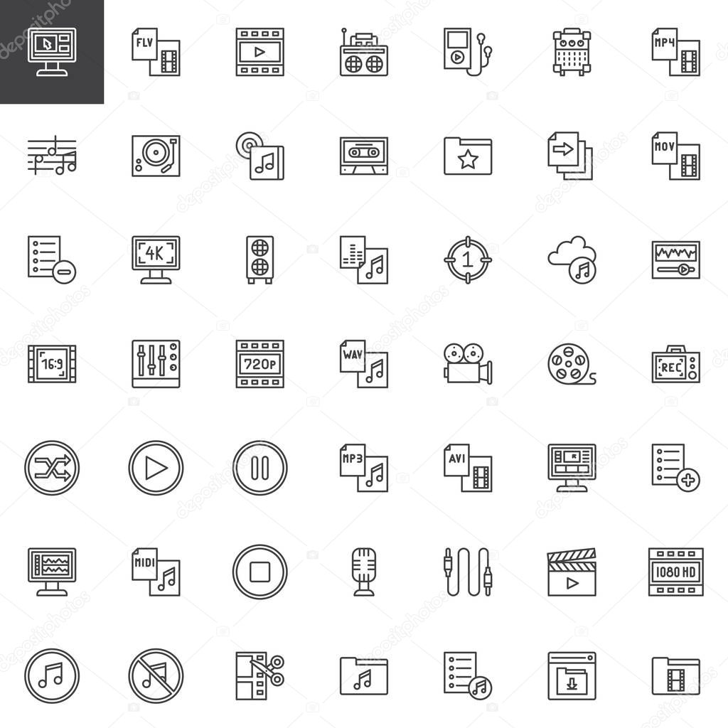 Audio and video outline icons set