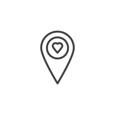Kalp konumu PIN anahat simgesi. Mobil kavramı ve web tasarım için doğrusal stili işaret. En sevdiğim yer satırı vektör simgesi. Yer tutucu simge, logo illüstrasyon seviyorum. Piksel mükemmel vektör