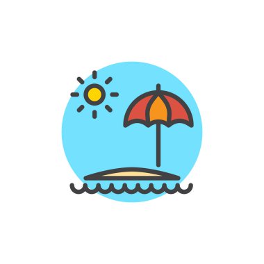 Plaj şemsiyesi ve güneş dolu anahat simgesini, çizgi vektör işareti, üzerinde beyaz izole doğrusal renkli sembol. Ada beach sembolü, logo illüstrasyon. Piksel mükemmel vektör grafikleri