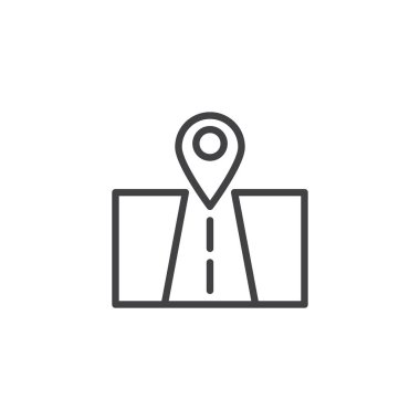 Gezinti yol yolculuk anahat simgesi. Mobil kavramı ve web tasarım için doğrusal stili işaret. Rota konumu PIN basit çizgi vektör simgesi. Sembol, logo illüstrasyon. Piksel mükemmel vektör grafikleri