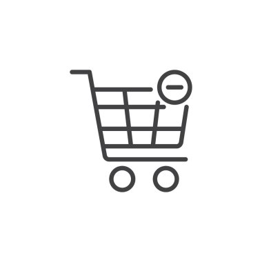 Alışveriş sepeti Kaldır anahat simgesi. Mobil kavramı ve web tasarım için doğrusal stili işaret. Silme işareti basit çizgi vektör simgesi ile arabası. Online alışveriş sembolü, logo illüstrasyon. Vektör grafikleri