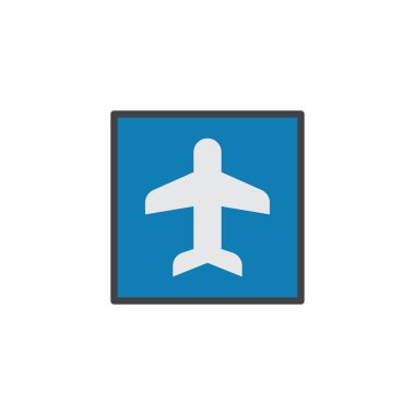 Havaalanı düz kutsal kişilerin resmi, vektör işareti, renkli sembol üzerinde beyaz izole. Yol işareti simgesi, logo illüstrasyon. Düz stil tasarım