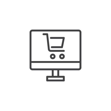Online alışveriş anahat simgesi. Mobil kavramı ve web tasarım için doğrusal stili işaret. Alışveriş sepeti basit çizgi vektör simgesi ile bilgisayar monitörü. Sembol, logo illüstrasyon. Piksel mükemmel vektör grafikleri