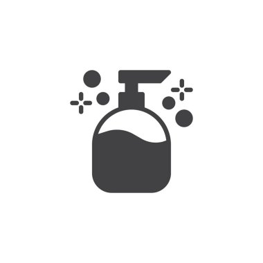 Sıvı sabun vektör simgesi. Mobil kavramı ve web tasarım için düz işareti dolu. Dağıtıcı pompa basit katı simgesi olan kozmetik plastik şişe. Sembol, logo illüstrasyon. Piksel mükemmel vektör grafikleri
