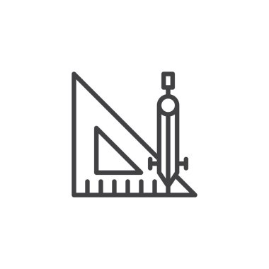 Cetvel ve pusula anahat simgesi. Mobil kavramı ve web tasarım için doğrusal stili işaret. Geometri basit çizgi vektör simgesi. Sembol, logo illüstrasyon. Piksel mükemmel vektör grafikleri