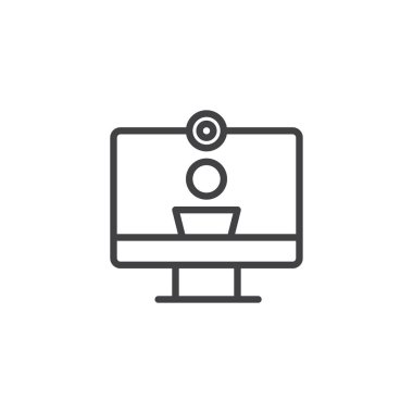 Video arama anahat simgesi. Mobil kavramı ve web tasarım için doğrusal stili işaret. Bilgisayar monitörü ve web kamera çizgi vektör simgesi. Video konferans sembolü, logo illüstrasyon. Vektör grafikleri