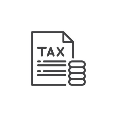 Vergi belge ve paralar anahat simgesini yığını. Mobil kavramı ve web tasarım için doğrusal stili işaret. Vergilendirme basit çizgi vektör simgesi. Sembol, logo illüstrasyon. Piksel mükemmel vektör grafikleri