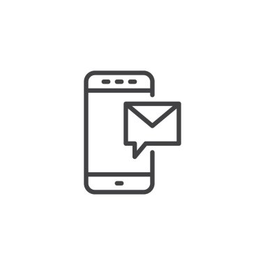 Mobil ileti bildirim anahat simgesi. Mobil kavramı ve web tasarım için doğrusal stili işaret. Yeni posta basit çizgi vektör simgesi ile akıllı telefon. Sembol, logo illüstrasyon. Vektör grafikleri
