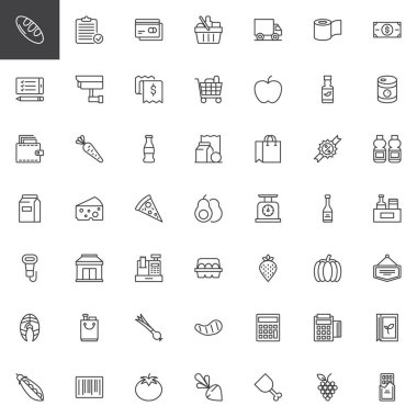 Bakkal ürünleri Icons set anahat. Doğrusal stil semboller koleksiyonu, hat paketi imzalar. vektör grafikleri. Ekmek, sepet, kredi kartı, alışveriş sepeti, Apple, cüzdan, süt, peynir gibi simgeler içerir