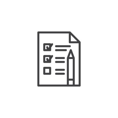 Liste işareti kalem anahat simgesi ile kontrol edin. Mobil kavramı ve web tasarım için doğrusal stili işaret. Sınav formu kağıt levha basit çizgi vektör simgesi. Sembol, logo illüstrasyon. Piksel mükemmel vektör grafikleri