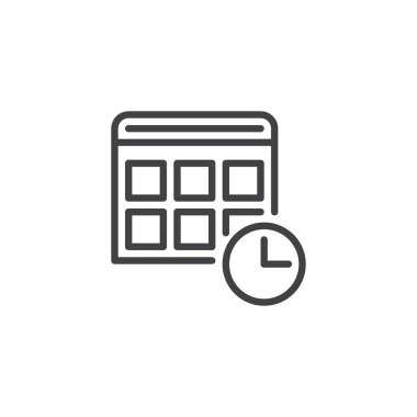 Takvim ve saat anahat simgesi. Mobil kavramı ve web tasarım için doğrusal stili işaret. Zamanlama, randevu basit çizgi vektör simgesi. Sembol, logo illüstrasyon. Piksel mükemmel vektör grafikleri