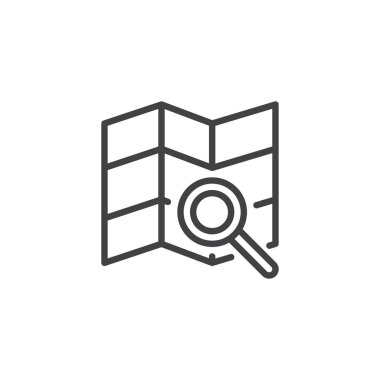 Harita arama anahat simgesi. Mobil kavramı ve web tasarım için doğrusal stili işaret. Kağıt harita ve Büyüteç camı basit çizgi vektör simgesi. Sembol, logo illüstrasyon. Piksel mükemmel vektör grafikleri