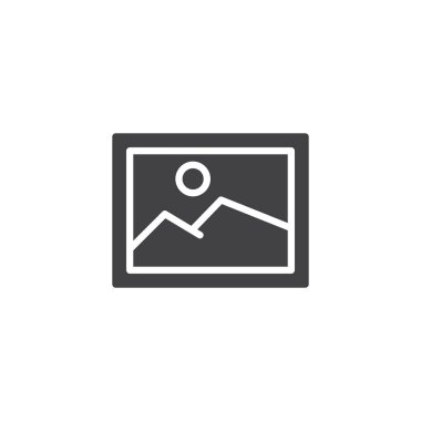 Görüntü vektör simgesi. Mobil kavramı ve web tasarım için düz işareti dolu. Dağlar ve güneş basit katı simgesi ile manzara resmi. Sembol, logo illüstrasyon. Piksel mükemmel vektör grafikleri