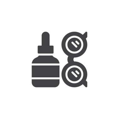 Göz damlaları ve göz gözlük vektör simgesi. Mobil kavramı ve web tasarım için düz işareti dolu. Oftalmoloji basit katı simgesi. Sembol, logo illüstrasyon. Piksel mükemmel vektör grafikleri