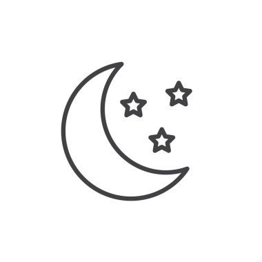 Ay ve yıldız simgesini anahat. Mobil kavramı ve web tasarım için doğrusal stili işaret. Gece satırı vektör simgesi. Sembol, logo illüstrasyon. Piksel mükemmel vektör grafikleri