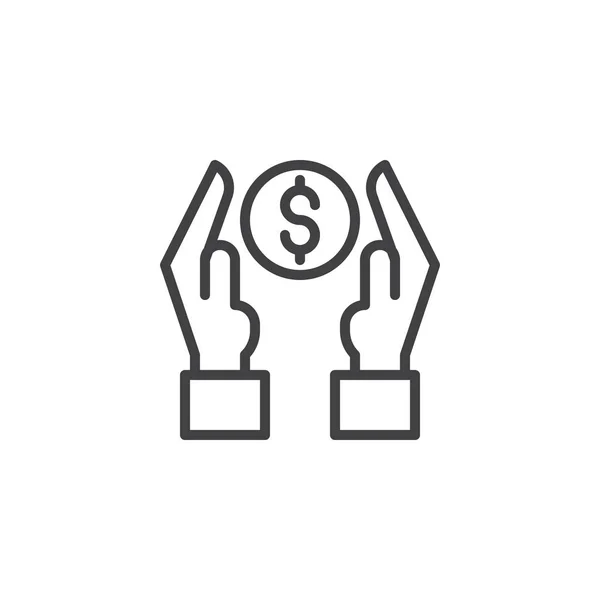 Handen met dollar munt overzicht pictogram — Stockvector